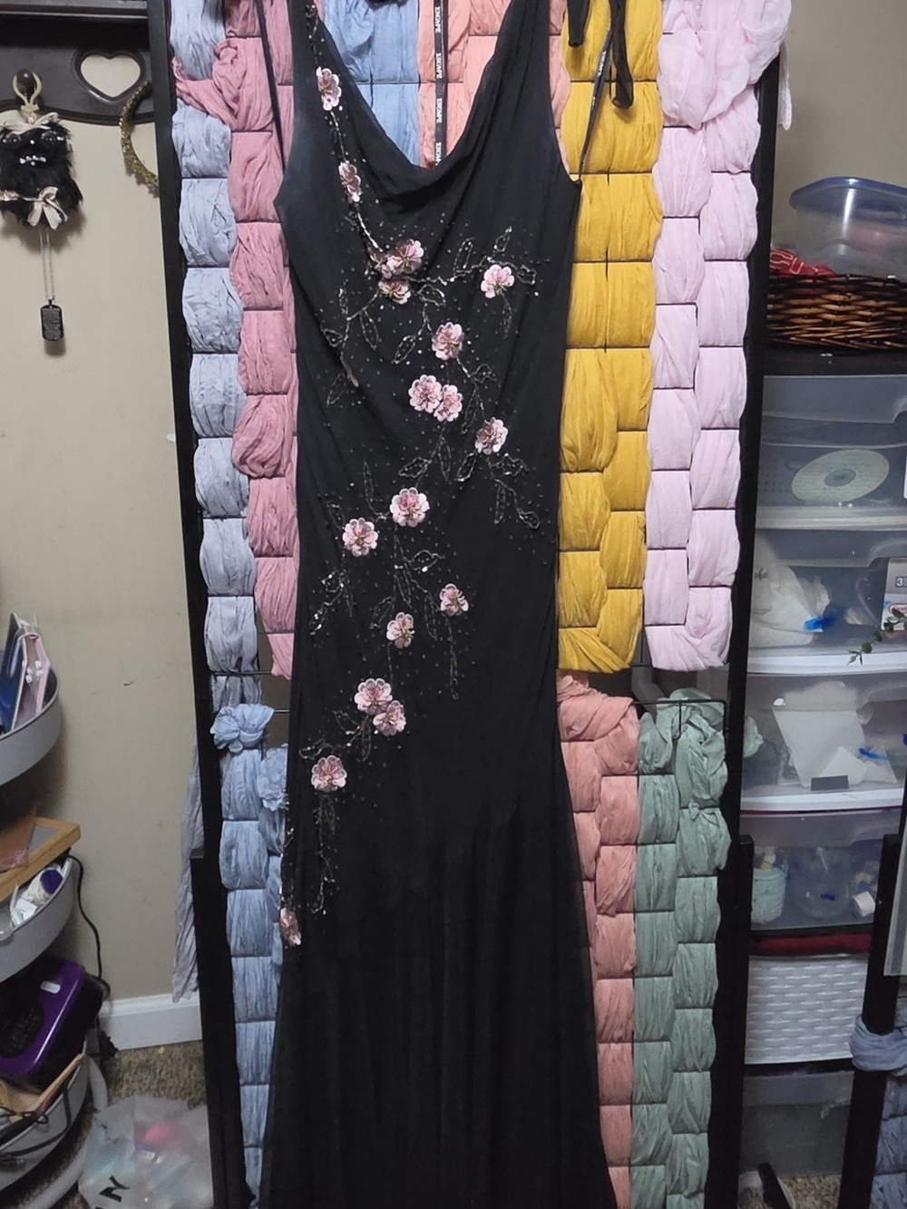Xscape Black Evening Gown with Pink Floral Embroidery